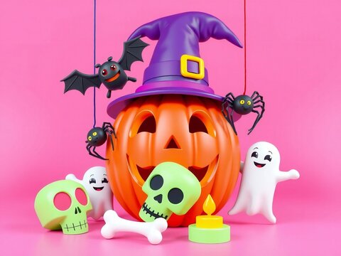 Halloween scene with jack-o'-lantern, spiders, bats, and ghosts