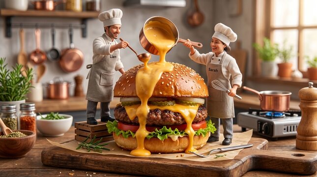 Miniature chefs Liam and Sarah prepare a delicious gourmet cheeseburger by pouring warm melted cheese sauce over the top of a fresh toasted sesame seed bun in this playful culinary photograph.