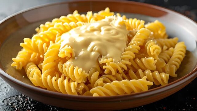 Creamy Spiral Pasta Receiving Melted Cheese Sauce in Warm Kitchen Closeup