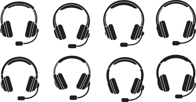 Set of black headsets on white background illustration