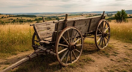Fototapeta premium Rustic wooden cart in a field landscape with historical transportation