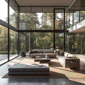 Sala de estar moderna de luxo com vista para floresta.