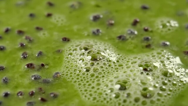 Extreme macro of kiwi apple green smoothie surface with visible seeds and soft foam bubbles, camera hovering above capturing fresh texture and vibrant natural color, healthy nutrition and detox drink
