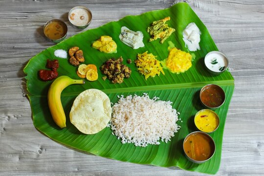 Traditional Onam Sadya / Feast served in fresh banana leaf 