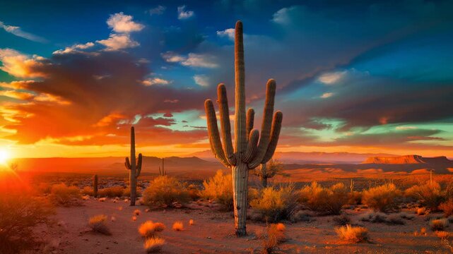 Vibrant desert sunset with towering saguaro cacti silhouetted against colorful sky and dramatic clouds