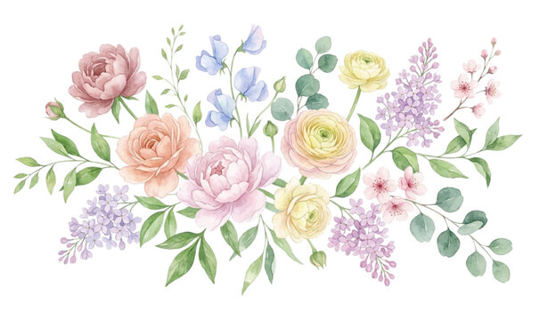 Beautiful watercolor flowers, rose illustration, cherry blossoms, jasmine design, floral art, botanical prints, nature-inspired decor.