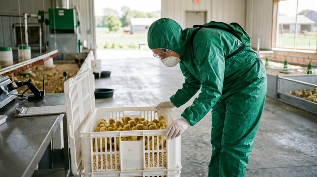 A worker in protective gear inspecting fresh produce in a factory setting.
