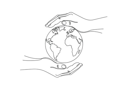 Hands cupping the world globe in a continuous single line drawing illustration