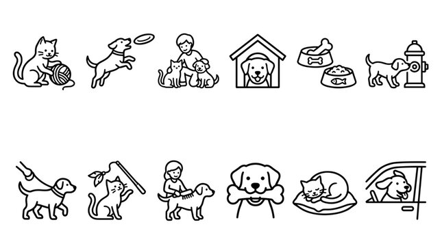Collection of simple line art icons depicting various pet care activities and interactions with dogs and cats.