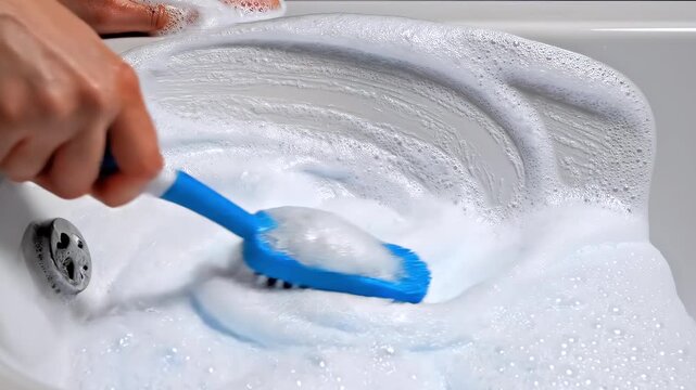 hand scrubbing sink surface with brush while foam spreads across porcelain, medium side angle at rim height tracking parallel to brush strokes, visible pressure in bristles, focused cleaning action