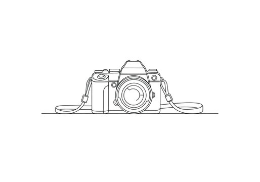 Simple line art drawing of a professional photography camera with a neck strap