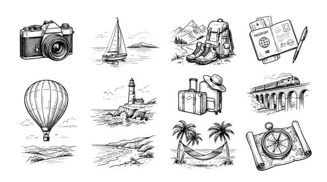 A collection of hand-drawn travel icons in sketch style: camera, sailboat, backpack, passport, hot air balloon, lighthouse, suitcases, train, beach, and compass.