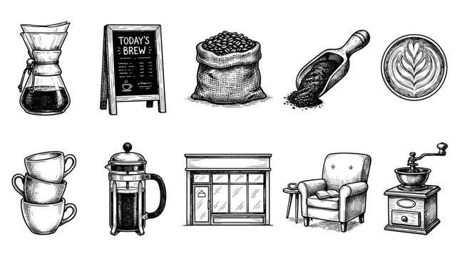 A vintage-style illustration set featuring coffee brewing equipment, beans, a cafe storefront, and cozy seating.