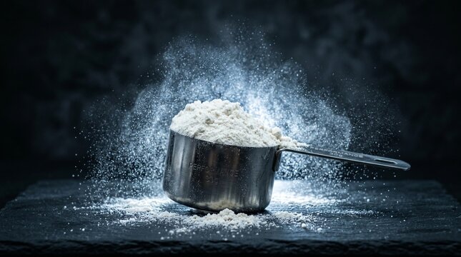 A metal measuring cup filled with white flour spilling over the sides on a dark background.