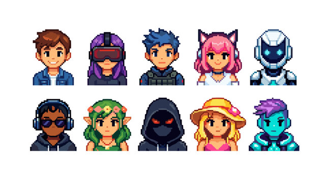 A collection of 10 pixel art avatars featuring diverse characters, including humans, a robot, and fantasy figures, in a retro gaming aesthetic.