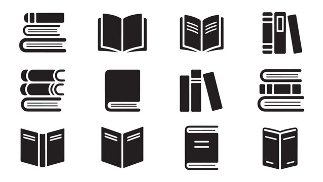 Book icon set. library book stack, open book, and book spine line art in simple flat style.