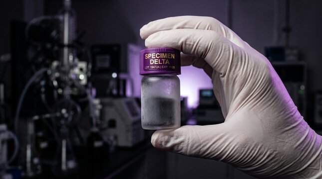 A gloved hand holds a vial labeled Specimen Delta in a laboratory setting