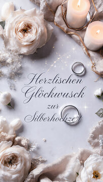 Elegant German silver wedding anniversary greeting, luxurious silver roses and soft white peonies arranged on an ivory marble surface, greeting &ldquo;Herzlichen Gl&uuml;ckwunsch zur Silberhochzeit&rdquo;.