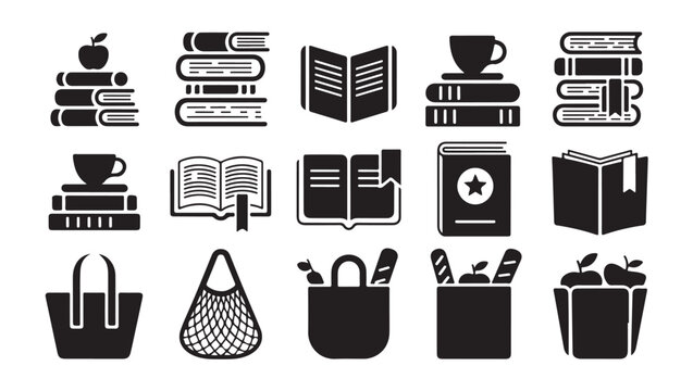 Book stack with apple, open book with bookmark, stacked books with coffee cup, book bundle.