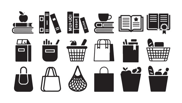 Books with apple, book row, book with ribbon, book stack with coffee cup, open books.