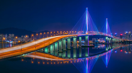 Obraz premium Brightly lit bridge at night with colorful reflections on water, urban cityscape photography.