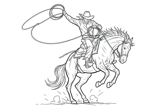 Continuous line art of cowboy riding horse and throwing lasso with equestrian
