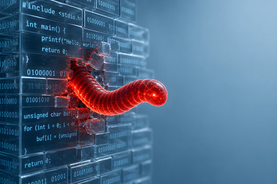 Glowing red malware worm piercing digital code wall