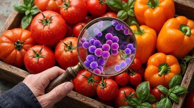A magnifying glass examining a cluster of purple bacteria on a selection of fresh vegetables