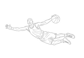 Dynamic basketball player jumping to perform slam dunk line art illustration © StockSynergy