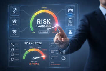 Fototapeta premium Businessman interacts with virtual risk evaluation and analysis interface screen