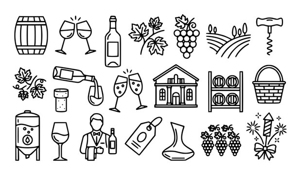 ​Comprehensive Viticulture and Wine Industry Line Icon Set Featuring Vineyard Landscapes, Winemaking Equipment, Sommelier Service, and Hospitality Symbols
