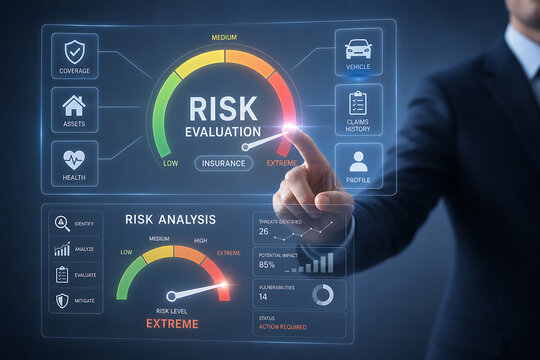 Businessman interacts with virtual risk evaluation and analysis interface screen
