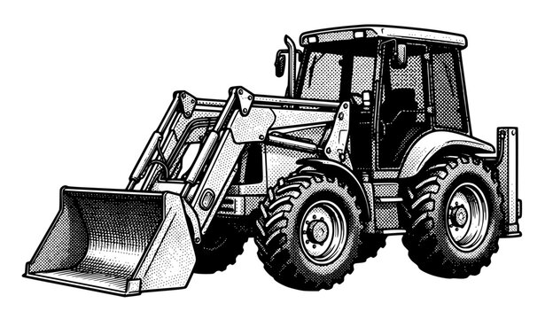 ​Detailed Industrial Backhoe Loader Illustration Featuring Heavy Construction Machinery and Earthmoving Equipment Technical Line Art