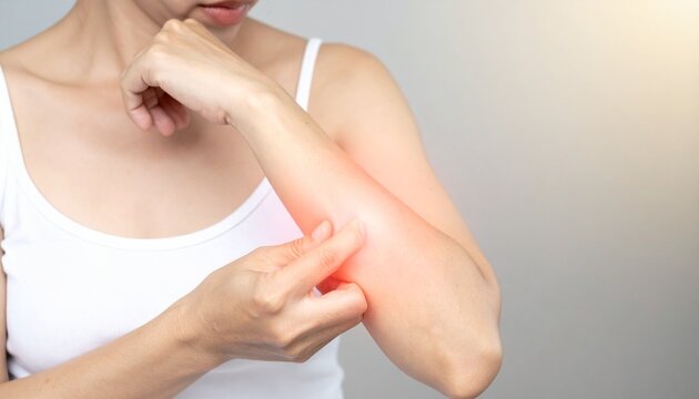 Close-up of a woman scratching her itchy arm with red inflamed skin, indicating irritation or an allergic reaction