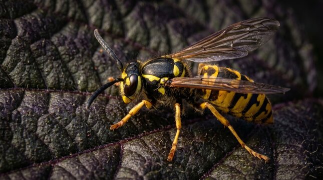 A close-up view of a yellow jacket wasp resting on a dark textured surface