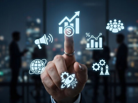 Digital marketing strategy and business growth analytics visualized with futuristic interface and icons