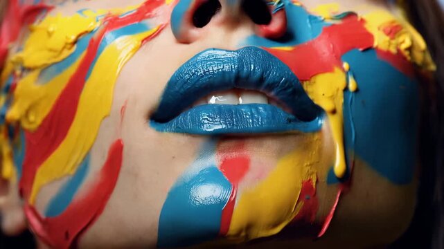 A model sits still as bright colors are applied to her face. The artist uses paint to create a striking design. The setting is a well-lit studio in the afternoon.