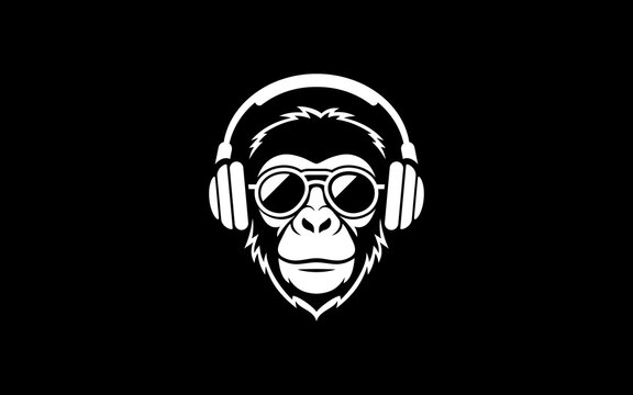 Chimpanzee Head Mascot with Sunglasses and Headphones Logo