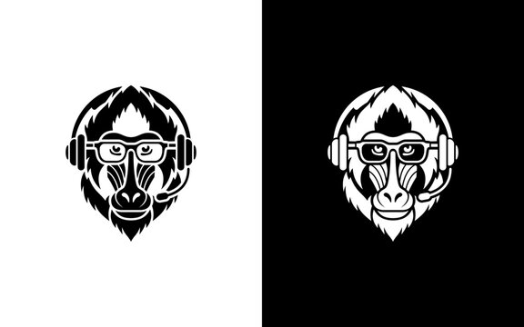 Monkey Baboon Gamer Mascot Logo with Headset and Glasses Vector Illustration