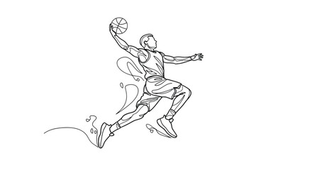 Continuous single line drawing of basketball player jumping high for slam dunk with basketball © Line Lab
