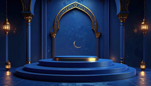 3d blue islamic stage podium cylinder with golden in dark or night theme for ramadan or islamic festivity