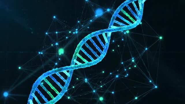 A vibrant, glowing DNA double helix is prominently displayed against a dark, futuristic background of interconnected nodes and lines, symbolizing scientific advancement and genetic research.