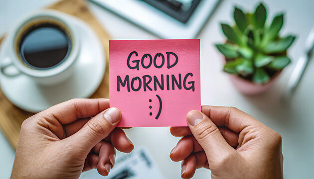 Hands holding pink sticky note with handwritten &ldquo;GOOD MORNING :)&rdquo; beside coffee and plant.