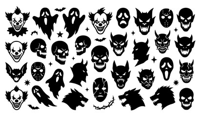 Fototapeta premium Creepy Horror Face Vector Set with Scary Silhouette Monsters and Haunted Expressions