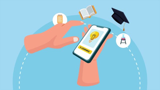 Mobile learning app used for studying. Digital learning concept. Full length Icon animation illustration. High quality&nbsp;4k&nbsp;footage
