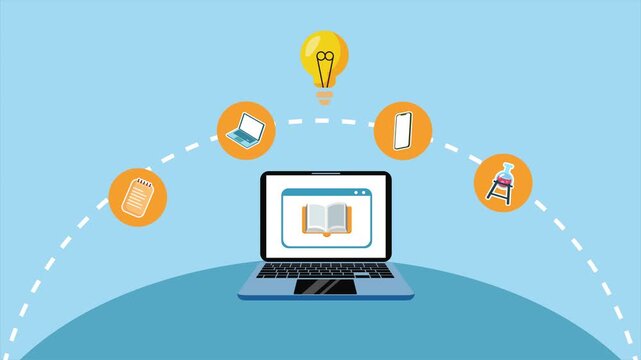 Online course platform with digital resources. Digital learning concept. Full length Icon animation illustration. High quality&nbsp;4k&nbsp;footage