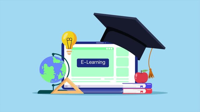 Online learning setup with laptop and books. Digital learning concept. Full length Icon animation illustration. High quality&nbsp;4k&nbsp;footage