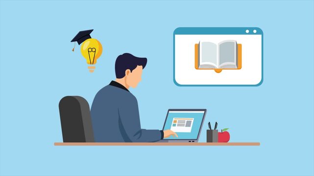 Student studying online using digital devices. Digital learning concept. Full length Icon animation illustration. High quality&nbsp;4k&nbsp;footage