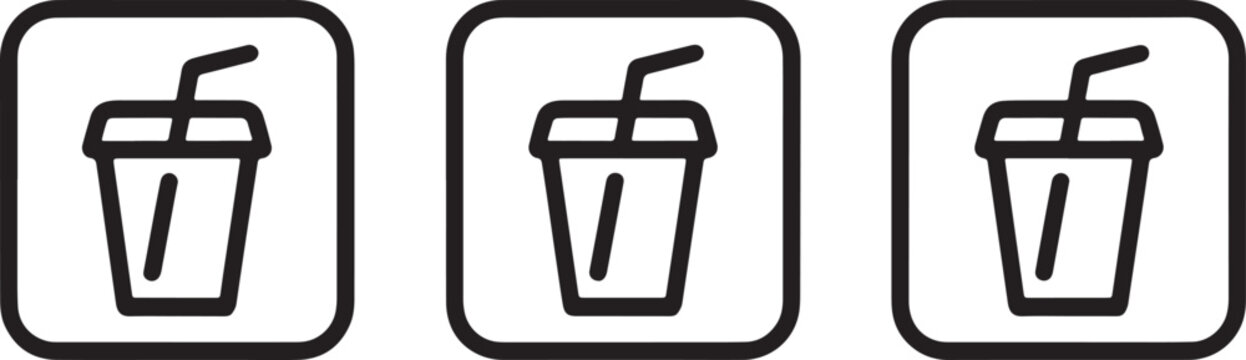 Three simple drink icons with a straw in a cup shape for fast food restaurant menu design or beverage service application interface isolated on transparent background, Vector, illustration