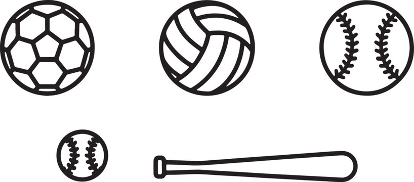 Set of black and white sports balls and a baseball bat icon collection featuring soccer volleyball and baseball equipment for games isolated on transparent background, Vector, illustration